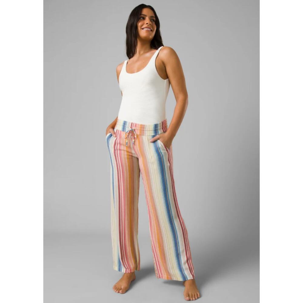 PRANA Women's Fernie Beach Pants Medium Gold Baja Stripe Wide Leg Mid Rise NWT - Picture 2 of 16